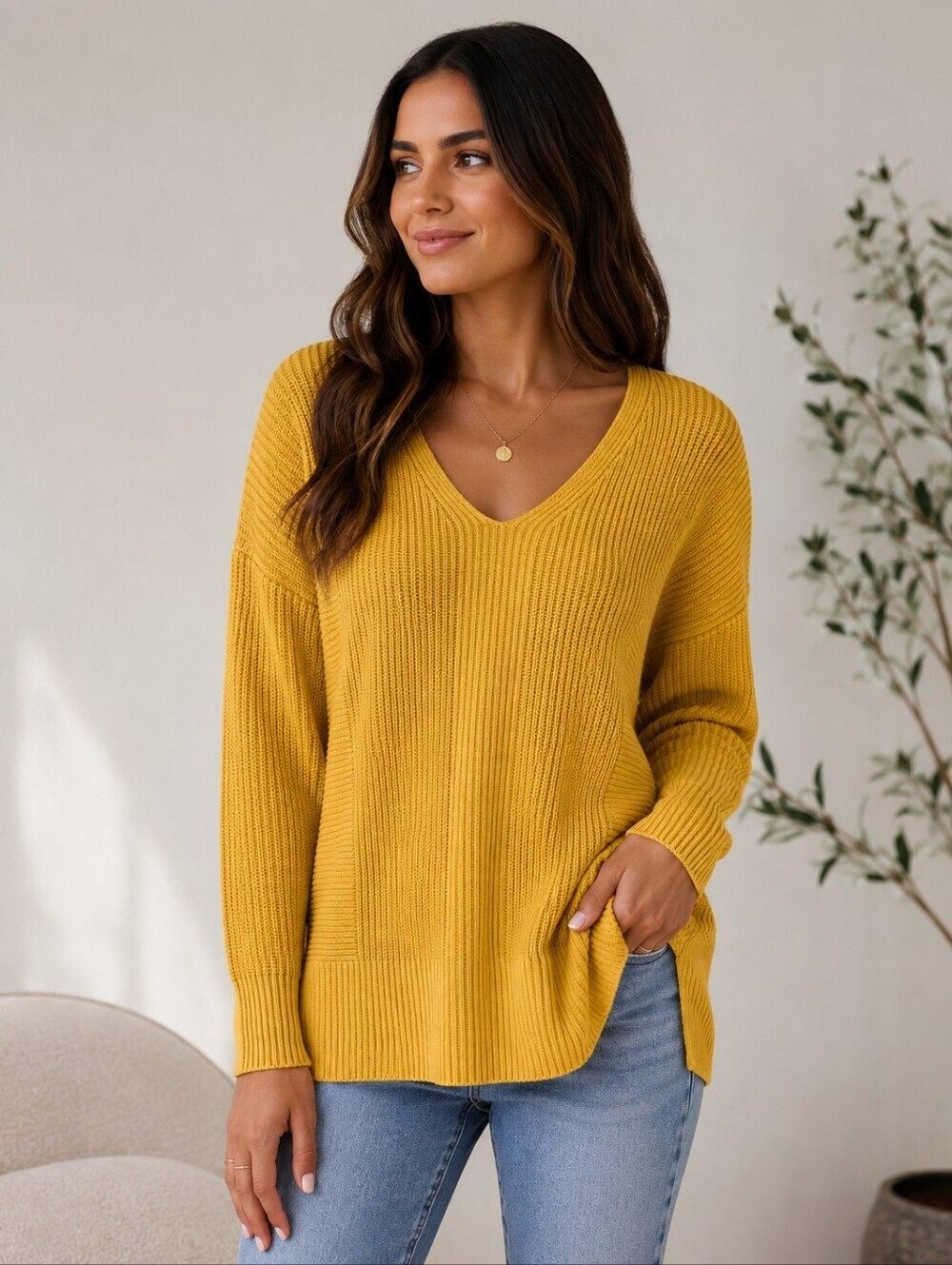 Rachel Zoe Mustard V-Neck Knit Sweater